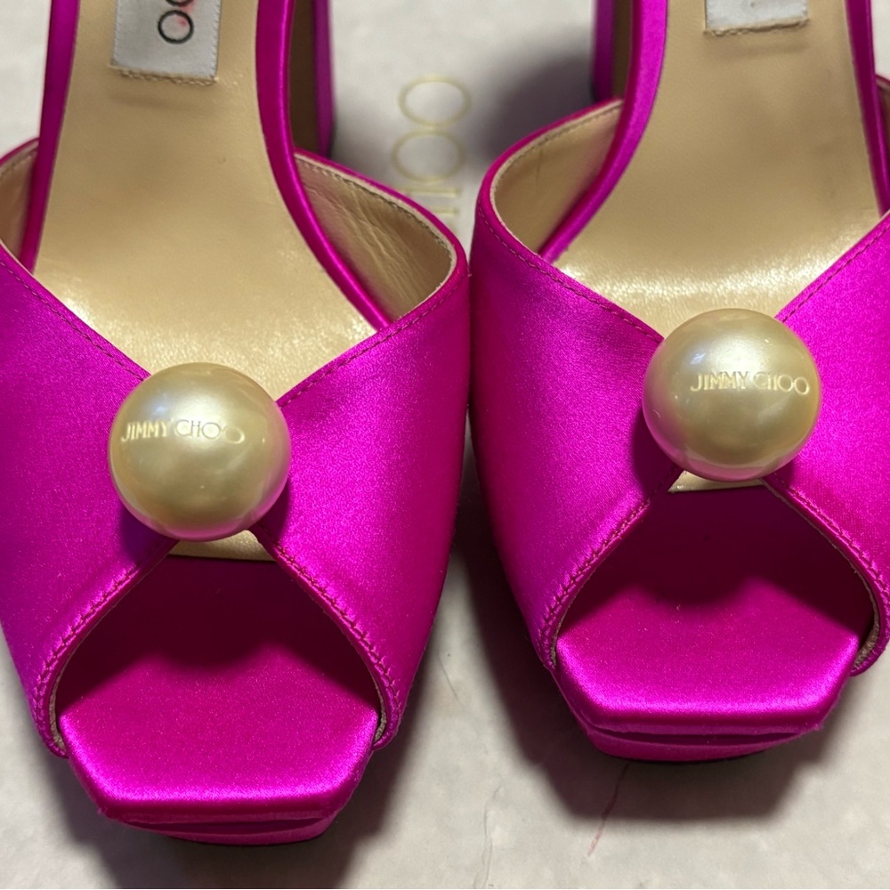 Jimmy Choo Pink Satin Heels with Pearl Detail - Picture 5 of 8